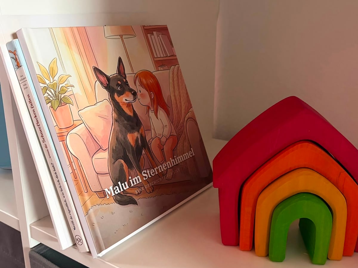 Das gedruckte Hardcover steht in einem Kinderzimmerregal neben anderen Bilderbüchern.