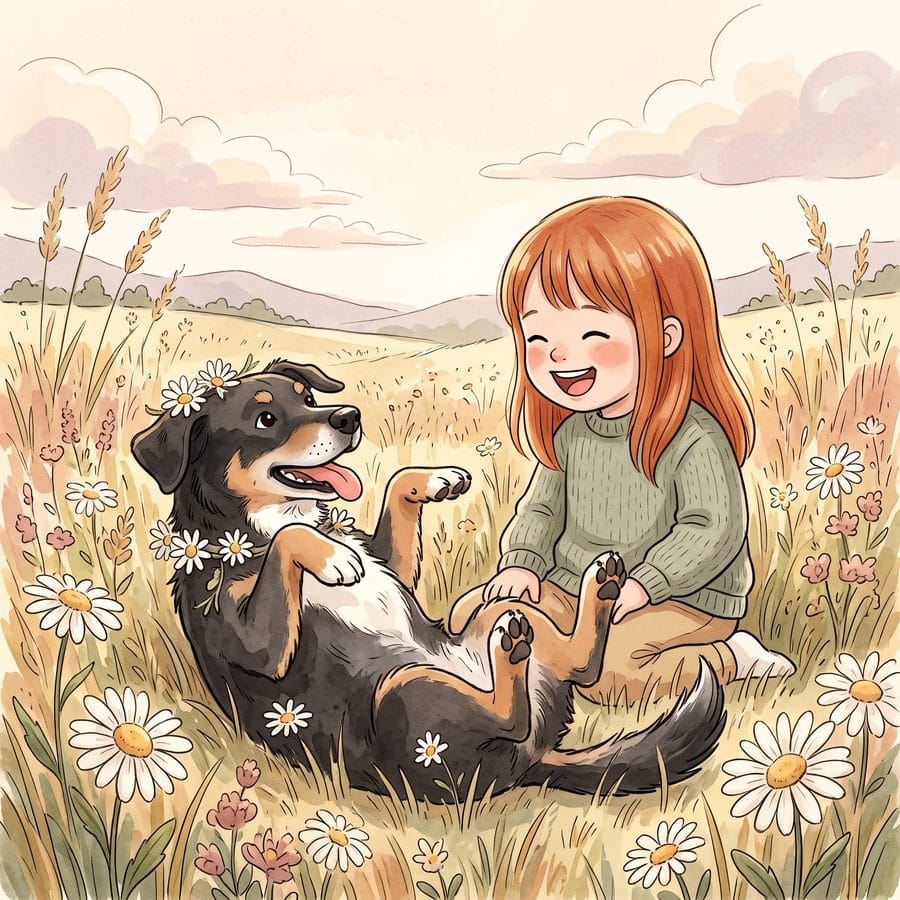 Kind und Hund liegen zusammen in einer Blumenwiese