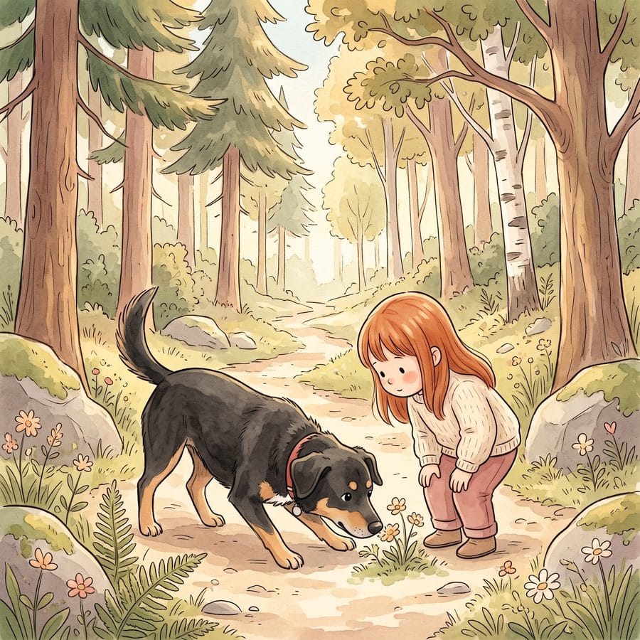Hund folgt schnuppernd einer Spur im Wald, das Kind schaut zu