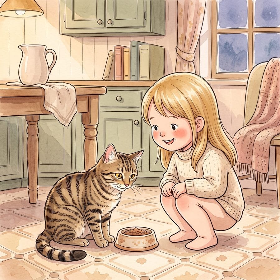 Illustration: eine Katze frisst aus ihrem Napf, ein Kind sitzt daneben