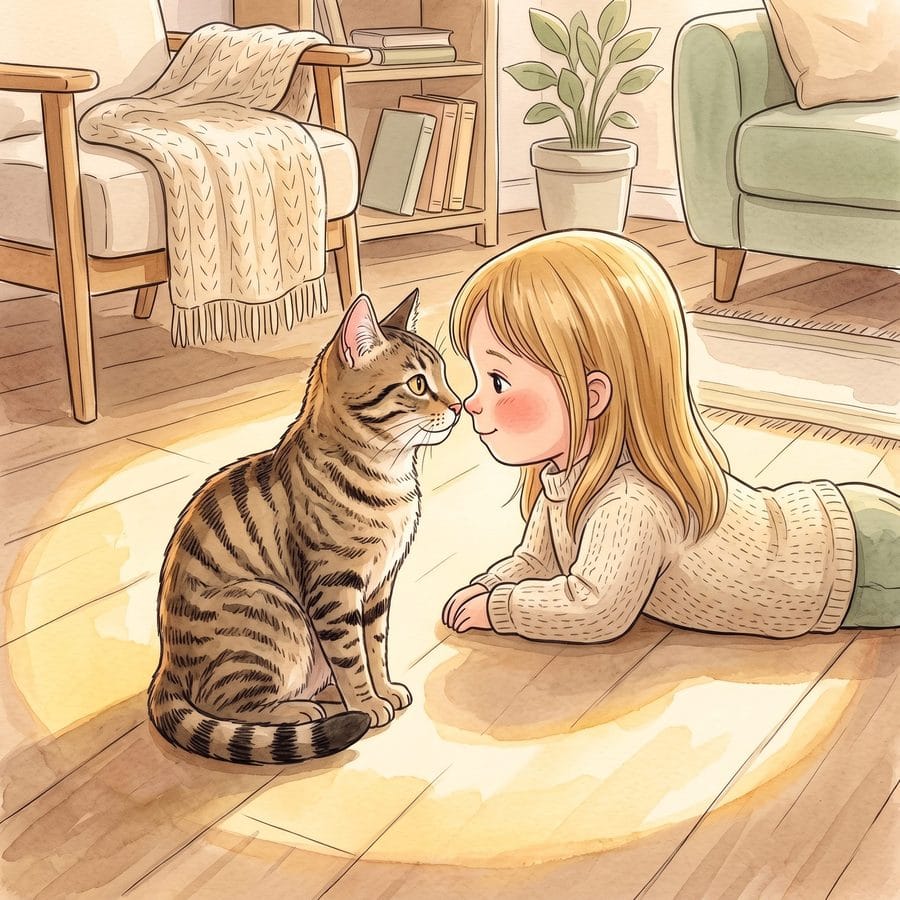 Illustration: eine Katze und ein Kind liegen zusammen im Sonnenfleck