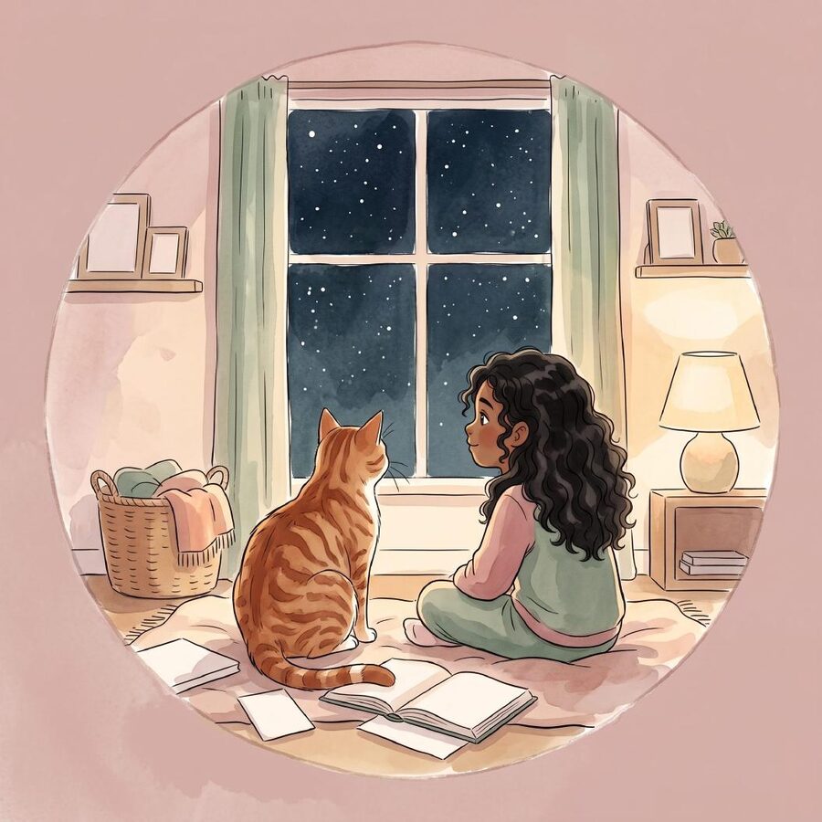 Illustration: ein Mädchen und eine Katze schauen in den Sternenhimmel